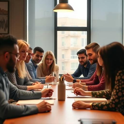 Un grupo diverso de personas trabajando juntas en una mesa, representando la colaboración y la misión de Oratoria Magistral.